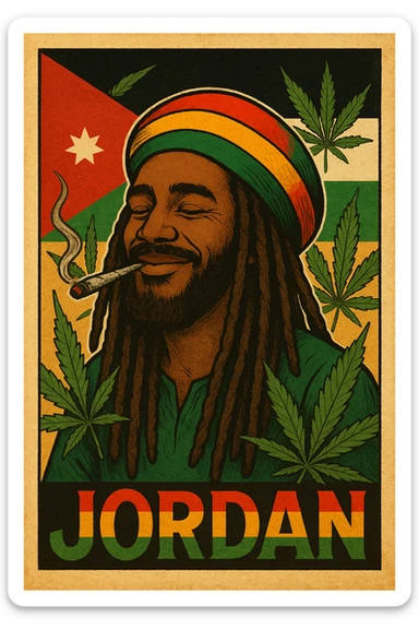A digital vintage-style poster illustration of a Jordanian Rasta man with dreadlocks, wearing a red, yellow, green striped tam hat. He is smiling peacefully with a lit herbal spliff in his mouth. The background features the official Jordan flag — black, white, green horizontal stripes with a red triangle and a white 7-point star — accurately displayed behind him. Cannabis leaves are tastefully arranged around the composition, and the poster includes Rasta color textures blended with the Jordanian palette. Use a retro poster style with warm, slightly aged textures, bold outlines, and soft shading to evoke a soulful reggae vibe that honors both Jordanian pride and Rasta spirit. The mood is chill, powerful, and respectful sticker