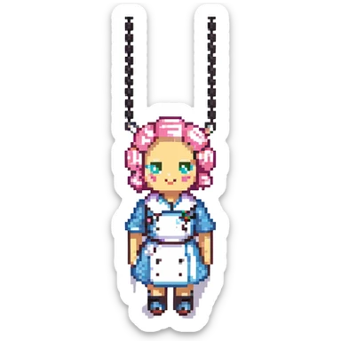 A whimsical candy-themed baker standing in a pastel pink confectionery lab. The walls are made of bubblegum bricks, the countertops shimmer like strawberry frosting, and the air sparkles with powdered sugar mist. The baker is extravagantly adorned: licorice swirls as shoul sticker