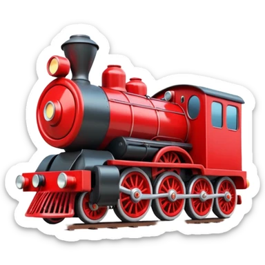 A 3D cartoon red train engine with headlights and wheels visible, realistic reflections, Memoji-style. sticker