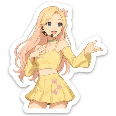 Fluttershy reimagined as a human K-pop idol, performing on stage, transparent background sticker