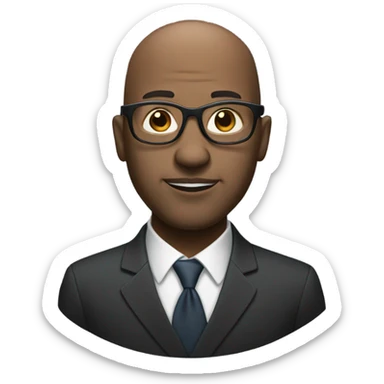 black business man with glasses, shadow bald hair.. small gray shadow beard. round h sticker