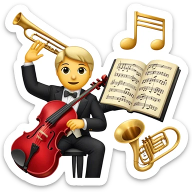 Create a sophisticated and elegant emoji that represents orchestration and arrangement. The design should feature a conductor’s baton, musical notes, and a symphonic score, symbolizing the process of arranging and orchestrating music. Incorporate instruments like a violin, trumpet, and piano keys subtly in the background, representing different sections of the orchestra. Use classical and refined colors such as gold, deep red, and black to evoke the grandeur and precision of orchestration. The background should be transparent. sticker