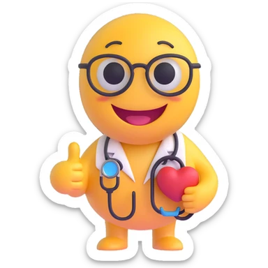 3D smiley emoji, round shape, veterinarian: with stethoscope and small animal, funny face sticker
