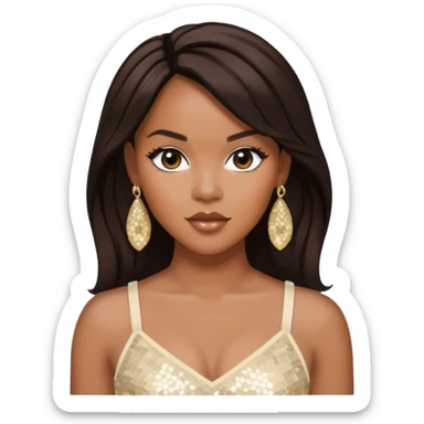 LeToya Luckett with long dark brown hair, ivory sequin crop top, ivory earring sticker