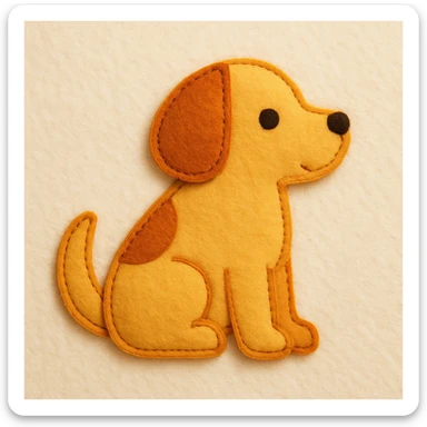 Minimal felt appliqué icon of a dog with soft, handcrafted felt look, lightly padded forms, simple shapes, clean outlines, medium-thickness orange or brown stitched edge, soft matte felt texture, warm yellows, oranges, and browns, small round eyes, simple nose, minimal mouth, subtle shadows, soft lighting, front or side profile, neutral off-white background sticker