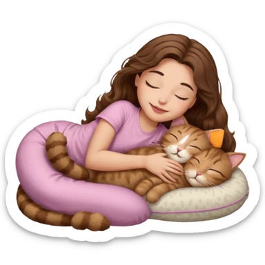 girl with wavy long brown hair, brown eyes, light to medium complexion, long lashes, light pink lipstick, smiling, wearing light pink shirt, sleeping on a cozy pillow, with brown tabby cat, sleeping sticker