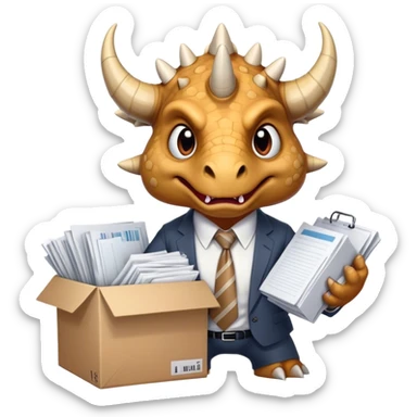 angry office triceratops in a tie holding a huge boxe bursting with a lot of documents and papers sticker
