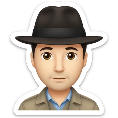 A light-skinned middle-aged man with short dark hair, and a black fedora, with an oval face and calm look. sticker