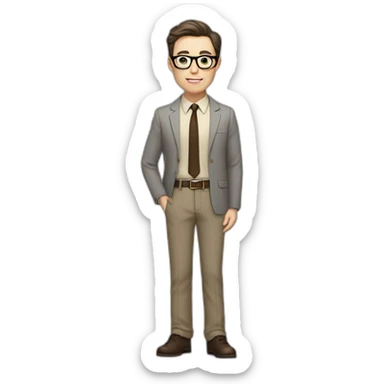 Full height Pale skinned fit man with dark brown hair in gray jacket, beige office shirt, brown tie, brown pants and vintage glasses. His right hand stretched out sticker