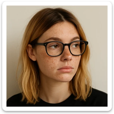 blonde girl with brown roots, freckles, and black frame glasses, looking to the side, minimal background sticker