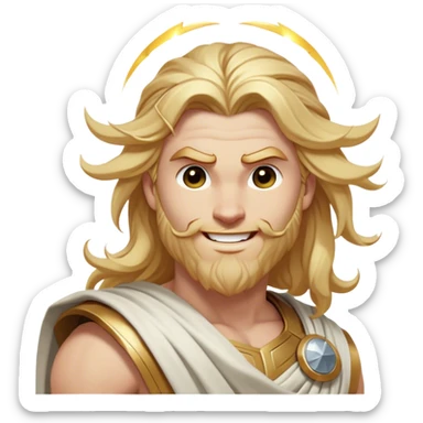 Cinematic Realistic Thor Portrait, head tilted dramatically with an exaggeratedly amused expression, featuring lively, twinkling eyes and a subtle, roguish grin. His fair, radiant skin and long, wavy golden hair, rendered with classical precision, complement his draped white toga adorned with delicate golden details and mythic lightning hints, all brought to life with dynamic lighting that captures both his divine power and playful, approachable charm. sticker
