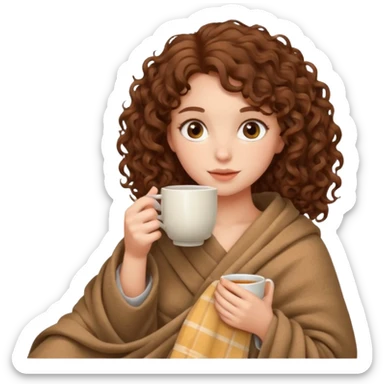 Brown hair Girl with curly hair drinking tea, with a cozy nude blanket sticker