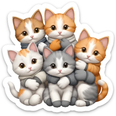 6 tiny kittens cuddling together all various different natural colours including solid grey with white mittens, grey and white, ginger and white, calico, and brown and white sticker