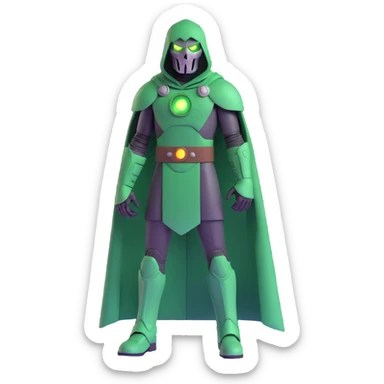 Doctor Doom standing tall with glowing green eyes behind his metal mask, full body view sticker