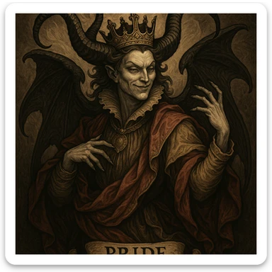pride represented as a character or symbol inspired by the seven deadly sins, third distinct visual interpretation sticker