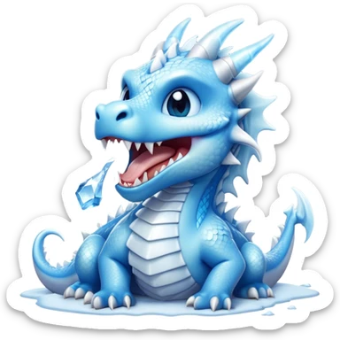 Cinematic Cute Yawning Beautiful Ice Dragon Portrait Emoji, Head tilted slightly with a dramatic, wide-open yawn, revealing a softly crystalline body with subtly drooping, frost-laden scales in cool blues and silvery hues, each detail rendered with natural icy finesse; high shine, relaxed yet elegant, styled with a dash of enchanted winter charm, soft glowing outline, capturing the essence of a sleepy yet graceful ice drake ready to stretch out and melt into a serene, frozen slumber! sticker