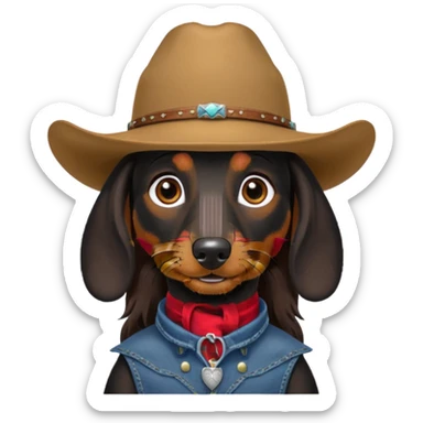 mostly black with some brown long hair daschund with a cowboy hat sticker
