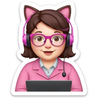 happy chubby English teacher face, pink cat glasses, wavy dark brown hair, online class setting sticker