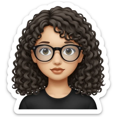 create a frontend girl that has a round face long curly hair with a side curtain bangs and wears black square rayban glasses doesnt smile with her teeth and white sticker