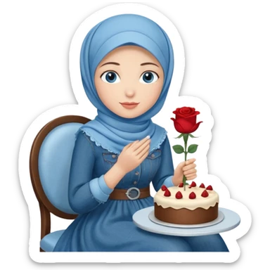 Turkish beautiful finish Konya girl blue eyes with denim hijab long tail dress and sits on the white chair and holds rose cake with her hand  sticker