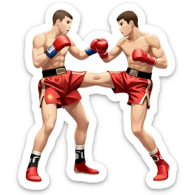 An icon showcasing a high-energy kickboxing match. Two fighters in action, one delivering a powerful roundhouse kick while the other defends with gloves raised. The background features a professional ring with bright lights and a cheering crowd. Transparent background. sticker
