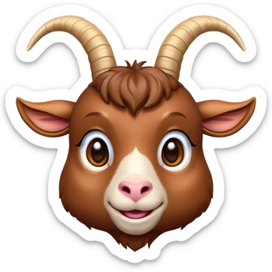 Cinematic Cute Brown Goat Portrait Emoji, Head tilted playfully and inquisitively, featuring a glossy, rich brown fur with charming curved horns, round, sparkling eyes filled with gentle curiosity, Simplified yet irresistibly adorable features, highly detailed, glowing with a warm, friendly glow, high shine, affectionate and lively, stylized with a touch of rustic whimsy, bright and endearing, soft glowing outline, capturing the essence of a mischievous yet loving goat, so playful it feels like it could trot out of the screen and into your arms! sticker