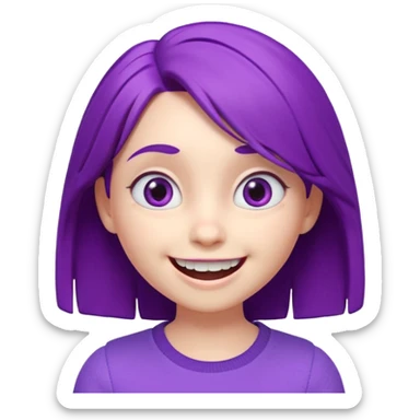 A cute 3D animated emoji character of a young girl face with vibrant purple hair. She has big expressive eyes and a wide happy smile showing teeth. The style is like a Pixar or Disney movie character, soft textures, high quality CGI render, isometric view, on a solid plain white background. sticker