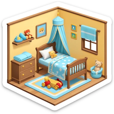 isometric baby room, Crib beside toy shelf and rug sticker