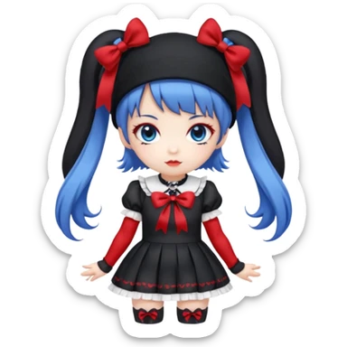Chibi kawaii girl, violet eyes, black-blue twin tails, red ribbons, red beanie, black & white lolita dress with red accents, white thigh-highs, black mary janes, cute aesthetic. sticker