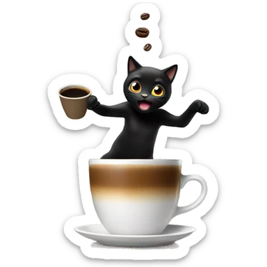 coffee jumps out of the cup and turns into a black cat sticker