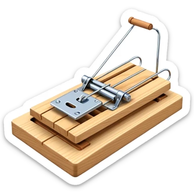 A 3D emoji in iOS emoji aesthetic style of a classic mousetrap without cheese, showing a wooden base and metal spring mechanism, clean minimal design, bright lighting, glossy Apple-style look, white background. sticker