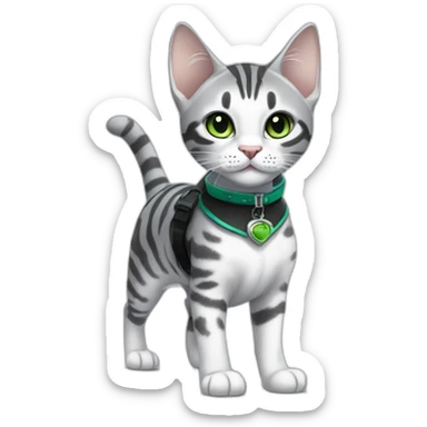 cute light white and grey domestic shorthair tabby with green and blue eyes black pupils, walking and playing wearing a cute costume sticker