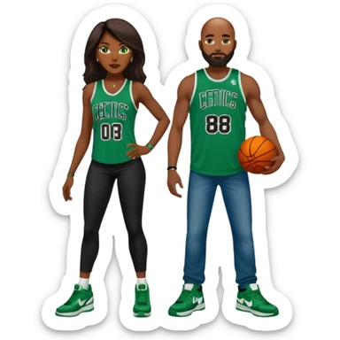 48-year-old dark skin black woman with brown eyes, long dark brown hair dressed in sexy 
celtics jersey outfit, wearing stilettos. A white bald White man with orange beard facial hair and has blue/green eyes, wearing a Jason Tatum Boston Celtics Jersey jeans & green Nike sneakers  sticker