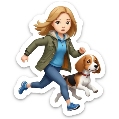 A beautiful girl with fair skin and long hair wears a jacket and runs with a beagle sticker