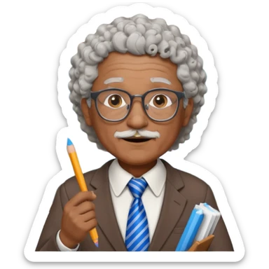 old man teacher, brown skin, curly grey white hai, wearing glasses, brown suit, blue tie hold chalk on hand sticker