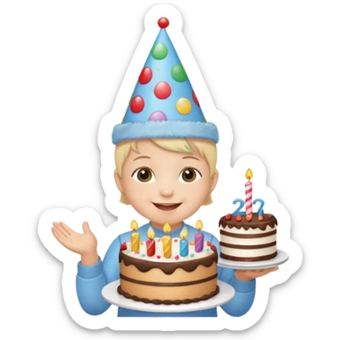 cute baby wearing birthday hat with birthday cake sticker