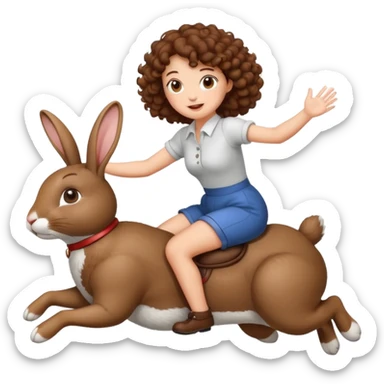 cute woman short tight curly brown hair riding bouncing rabbit sticker