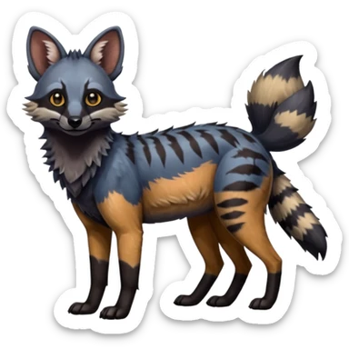 Realistic edgy bluish greyish blackish whitish silvery coppery Shiny Colorful Dusky Dark Gloomy Glossy Aardwolf-Maned-Wolf-Genet-Bobcat-fusion-animal-hybrid-creature, full body sticker