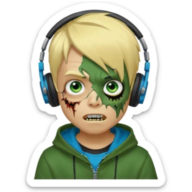 boy zombie whit blonde emo hair and eyes blue and GREEN SKIN and heandphones AND A MICROFONE AND GOLD TEETH and agesive face and the hoodie black sticker