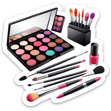icon featuring professional makeup brushes, a high-quality lipstick, a big sleek eyeshadow palette, a makeup sponge and a set of tools like tweezers and eyeliner pencil. The design highlights the precision and artistry of makeup with detailed textures and realistic lighting. Transparent background. sticker