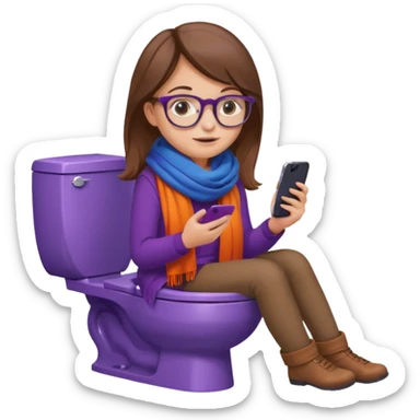 Fille châtain peau blanche avec lunettes. Elle porte une grosse écharpe violette, bleu et orange. Elle assise dans une cuvette de toilette. Téléphone en main. Realiste sticker