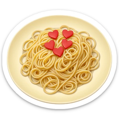 loose tangle of pale yellow cooked spaghetti with soft glossy texture and natural curves, strands slightly twisted and overlapping, freshly prepared dish, no bowl or chopsticks. Add tiny read hearts on the spaghetti sticker