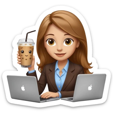 Women in front of laptop with a happy face, long light brown hair, light brown big eyes, light skin with a iced coffee on the side, business attire sticker