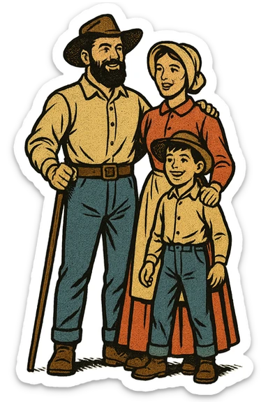 The full bodies of a pioneer homestead family from the 1860s who are looking forward to their new life in the American West. There is one father, a mother and a young boy standing close together.  sticker