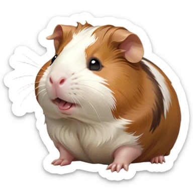 Cinematic Cute Yawning Brown and White Banded Guinea Pig Portrait Emoji, Head tilted slightly with a dramatic, wide-open yawn, revealing a soft, banded coat of brown and white with tiny, droopy ears, round dark eyes barely open in drowsy contentment, Simplified yet irresistibly adorable features, highly detailed, glowing with a soft, cozy glow, high shine, relaxed yet expressive, stylized with a touch of whimsy, bright and endearing, soft glowing outline, capturing the essence of a sleepy yet affectionate guinea pig, so drowsy it feels like it could stretch out of the screen and curl up for a nap! sticker