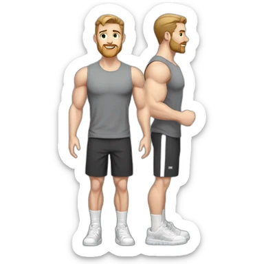 Full height Pale skinned fit man With biceps, Realistic eyes and mouth, light brown hair and stubble In dark gray sleeveless mike, black oversize sports shorts, watch and white sneakers. sticker