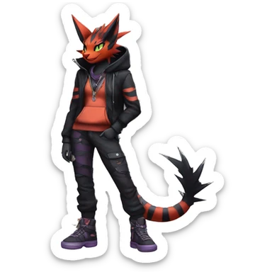 Cool Anthro Noivern-Litten-Vampiric-Pokémon with edgy stripes hoodie spiked collar punk techwear Cargo Pants Full Body sticker