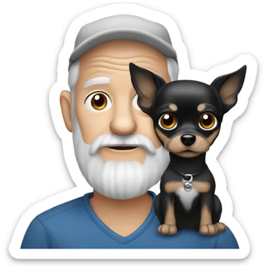 Old man with blue eyes goatee beard ball cap holding cute black Chihuahua long hair sticker