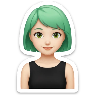 Girl with Mint Bob Cut – short green hair, cheerful smile, black dress sticker