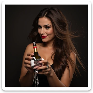 Art of nude woman's very sexy body scheme anatomy-bare shoulders and black eyes-very long straight brunette hair spreading legs and showing her pussy in seductive pose. New year elements: champagne gift sticker